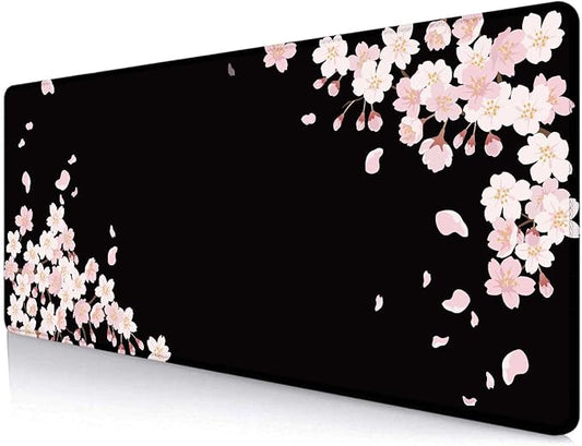 IMAYONDIA Sakura Japanese Desk Mat, Cherry Blossom Large Gaming Mouse Pad, Black Elegant Floral Mousepad for Women, Minimalistic Flower Aesthetic Desk Pad for Work, Game, Office, 31.5x11.8