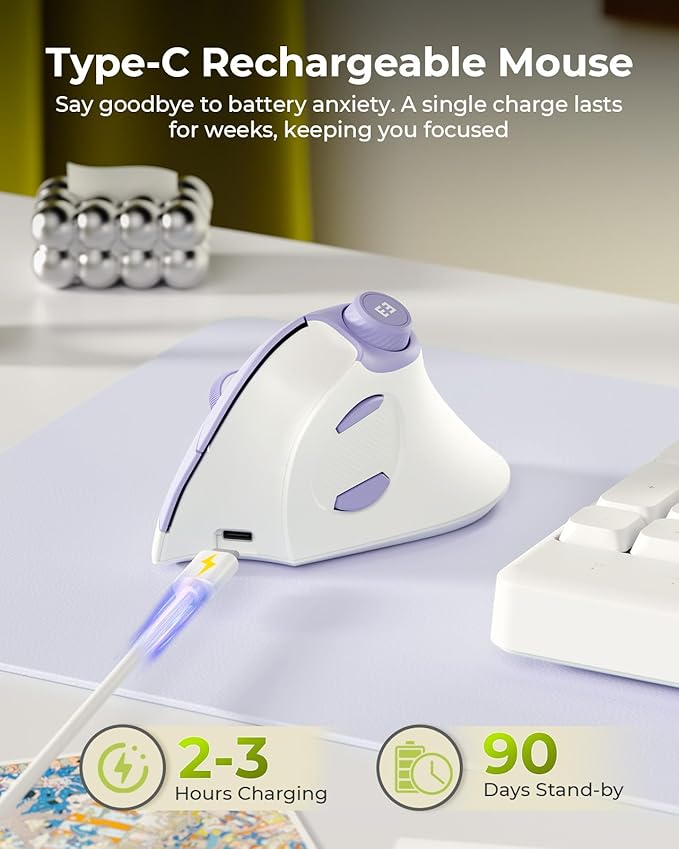 seenda Ergonomic Mouse Wireless, MOU-302 Bluetooth Vertical Mouse Rechargeable, Optical Mice with 1000/1600/2400 DPI, Volume Knob, 3 Multi-Device Connectivity for Computer/PC/Laptop/Mac, White Purple