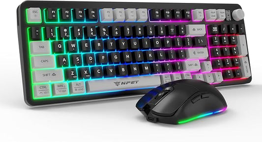 NPET Gaming Keyboard and Mouse Wireless with Tri-Mode, 98 Keys RGB Keyboard with Knob and Gaming Mouse, 12 Multimedia Keys for Wins, PC, Computer, Ideal for Gamer