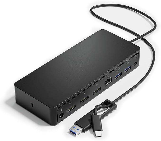 D6000 Universal Docking Station, USB 3.0 and USB C Single 5K or Triple 4K Display Docking Station with Two DisplayPort and HDMI for Windows and Mac (1HDMI, 2DP, 1Audio, 4USB3.0, 1USB C, 1Speaker Out)