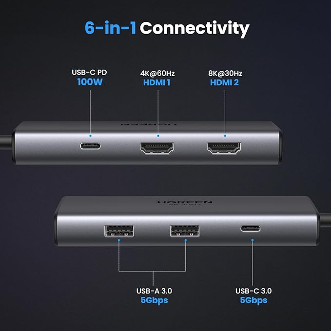 UGREEN Docking Station, Revodok 206 USB C Hub (6-in-1) with Dual 4K@60Hz, Single 8K@30Hz, 100W Power Delivery, 3X 5Gbps USB Data Ports, USB-C Dock for Thinkpad, HP, Dell Laptops and More