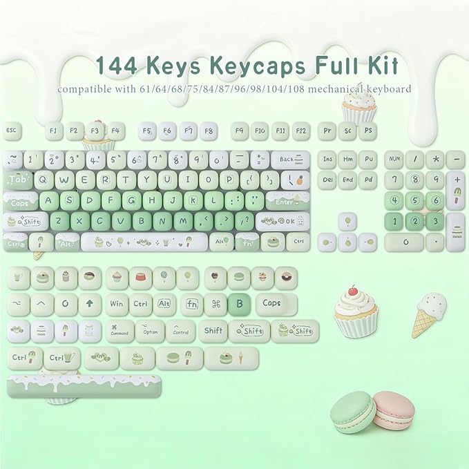 PBT Keycaps 144 Keys Cute Green Dessert Cream Keycaps Dye-Sublimation MOG Profile Custom Round Keycap for MX Swithes Mechanical Gaming Keyboards