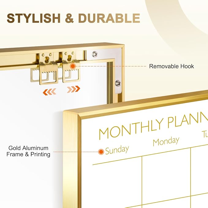 Large Dry Erase Calendar Whiteboard for Wall, 36'' x 24'' Monthly White Board Planner with Gold Frame, Magetic Hanging Wipe Board for Home Office School Dorm