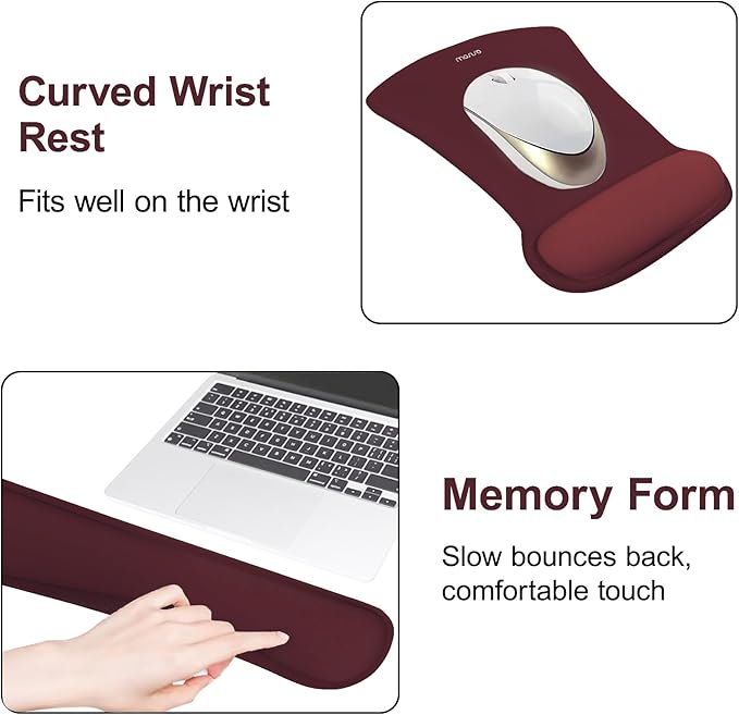 MOSISO Wrist Rest Support for Mouse Pad & Keyboard Set, Ergonomic Mousepad&Coaster Non-Slip Base Home/Office Pain Relief & Easy Typing Cushion with Neoprene Cloth & Raised Memory Foam, Wine Red