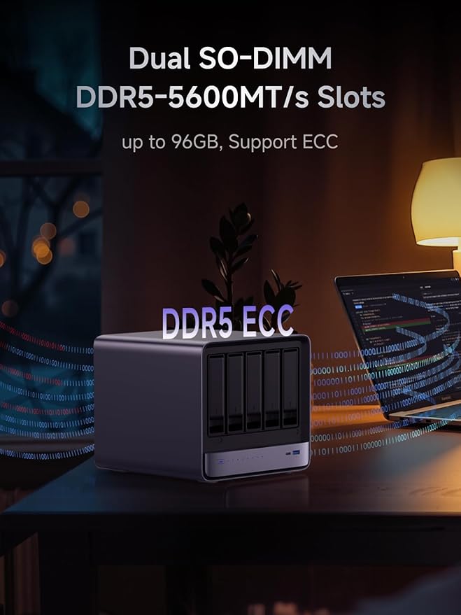MINISFORUM N5 Pro AI NAS with AMD Ryzen AI 9 HX Pro 370, 2x SODIMM DDR5-5600MHz Slot(ECC Support), 128GB SSD, 1xHDMI+2xUSB4 Outputs, 5x HDD Slot, M.2 2230/2280/22110/U.2 slots, 5GbE+10GbE Lan Port NAS