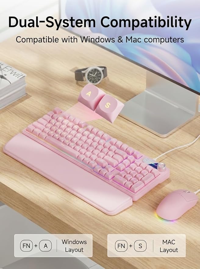 C98 Wired Keyboard and Mouse Combo, Wired Ergonomic Computer Keyboards with Wrist Palm, Double-Shot Keycaps, Silent RGB Backlight Quiet Keyboard for Windows/MAC/PC - Pink