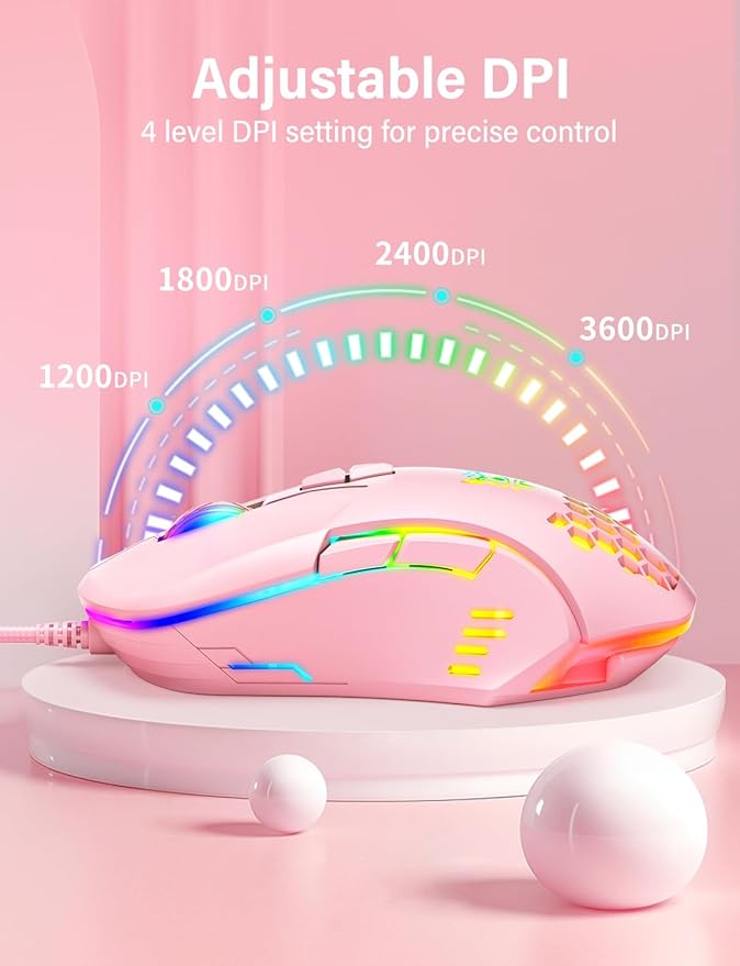 Wired USB Mouse, Computer Mouse with RGB Lighting, 4 Adjustable DPI, Ergonomic Optical Office Mouse, 7 Buttons Corded Mice for Window/PC/Laptop/Desktop/Mac/Chromebook, Pink