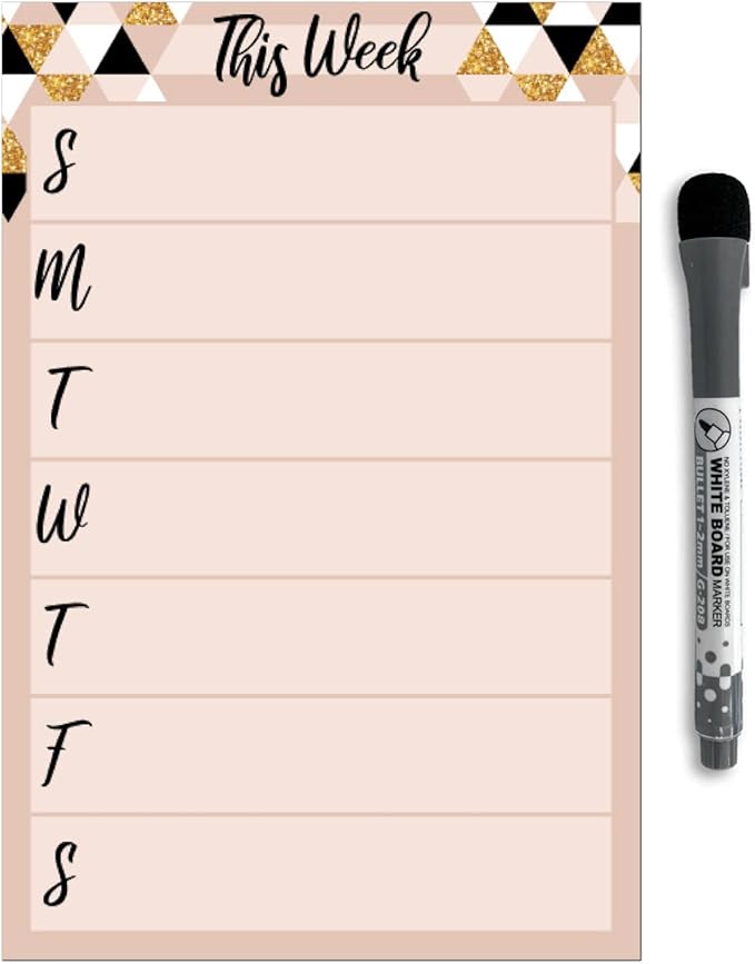 Dry Erase Weekly Calendar Planner Sticker Decal | Removable & Reusable | Magnetic Fine-Tip Marker Included (6 x 9 inches, Rose & Gold)