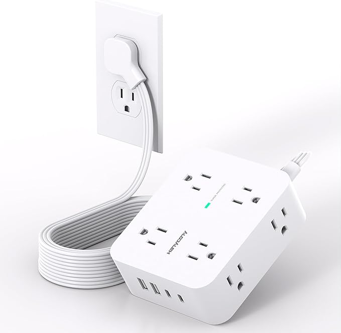 Extension Cord 10 Ft, Ultra Thin Flat Plug Power Strip Surge Protector with 8 Outlets 4 USB Ports (2 USB C), HANYCONY Outlet Extender Desk Charging Station for Home Office Dorm Room Essentials