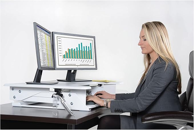 Kantek Standing Desk Converter, Adjustable Upto 20", Extra Wide Platform, Fits Dual Monitors, Sit to Stand Home Office Workstation, Grommet Hole, EZ Lift, White