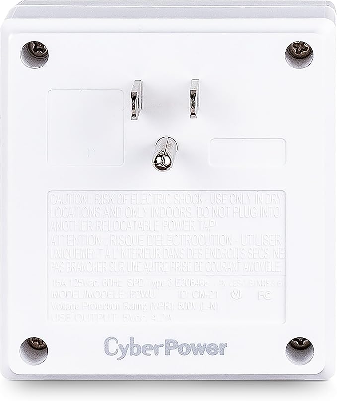 CyberPower P2WU Professional Surge Protector, 500J/125V, 2 Outlets, 3 USB Charge Ports, Wall Tap Design, White