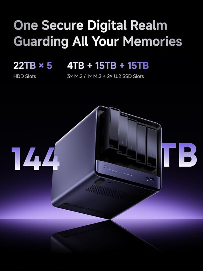 MINISFORUM N5 Air NAS with AMD Ryzen 7 255, 2X SODIMM DDR5-5600MHz, 64GB SSD, 1xHDMI+2xUSB4 Outputs, 5X HDD Slot, M.2 2230/2280/22110/U.2 Slots, 5GbE+10GbE LAN Port, RAID Support NAS