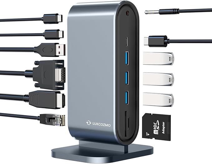 USB3.0 Universal Docking Station with 100W Charging, Dual Monitor for Windows and Mac, USB 3.0 or USB-C (HDMI, 1x USB-C, 4X USB3.0,VGA1080P, Ethernet, Audio, TF/SD Card Reader)