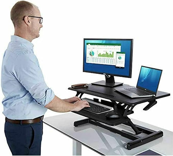 Seville Classics Airlift Height Adjustable Sit Desk Converter Workstation Standing Ergonomic Dual Monitor Riser with Keyboard Tray, Compact Rectangular 30", Midnight