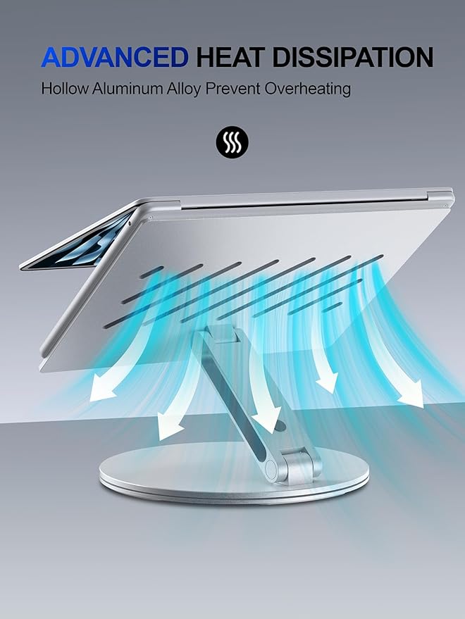 Adjustable Laptop Stand for Desk - 360° Rotating Ergonomic Riser with Aluminum Cooling Vents & Sturdy Construction for 10-16 Inch MacBook Pro/Air, Foldable Portable for Office & Home - Silver