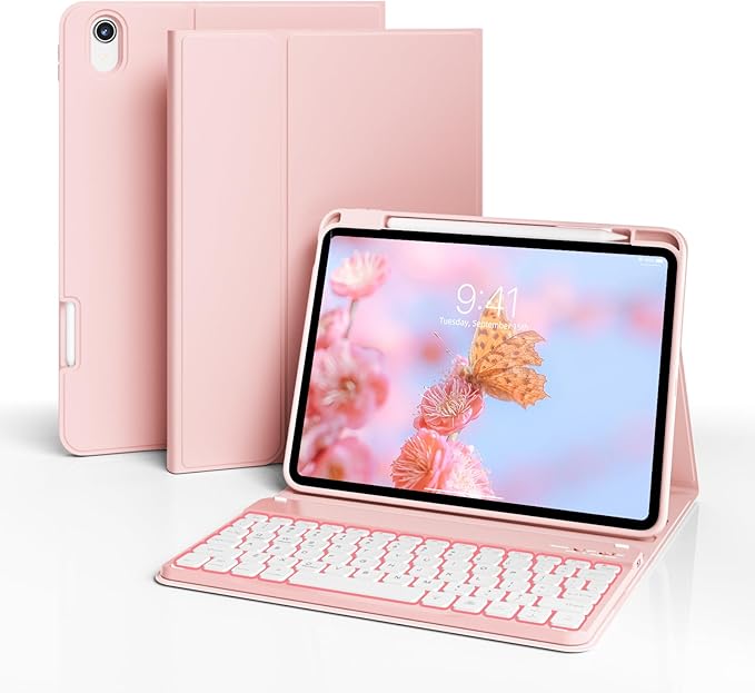 for iPad (A16) 11th Generation 2025 11-inch/10th Generation 2022 10.9 inch with Keyboard, 7 Colors Backlit Square Keycaps, Detachable Wireless Bluetooth Keyboard Case with Pencil Holder,LightPink