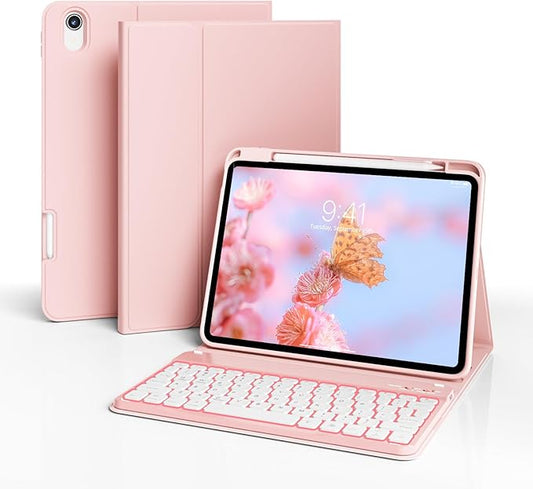 for iPad (A16) 11th Generation 2025 11-inch/10th Generation 2022 10.9 inch with Keyboard, 7 Colors Backlit Square Keycaps, Detachable Wireless Bluetooth Keyboard Case with Pencil Holder,LightPink