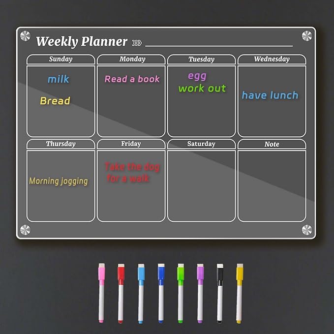 Weekly Magnetic Calendar for Fridge, Clear Dry Erase Board Calendar with 8 Markers, 16.5"x11.7"