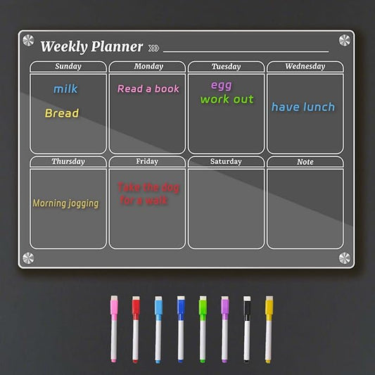 Weekly Magnetic Calendar for Fridge, Clear Dry Erase Board Calendar with 8 Markers, 16.5"x11.7"