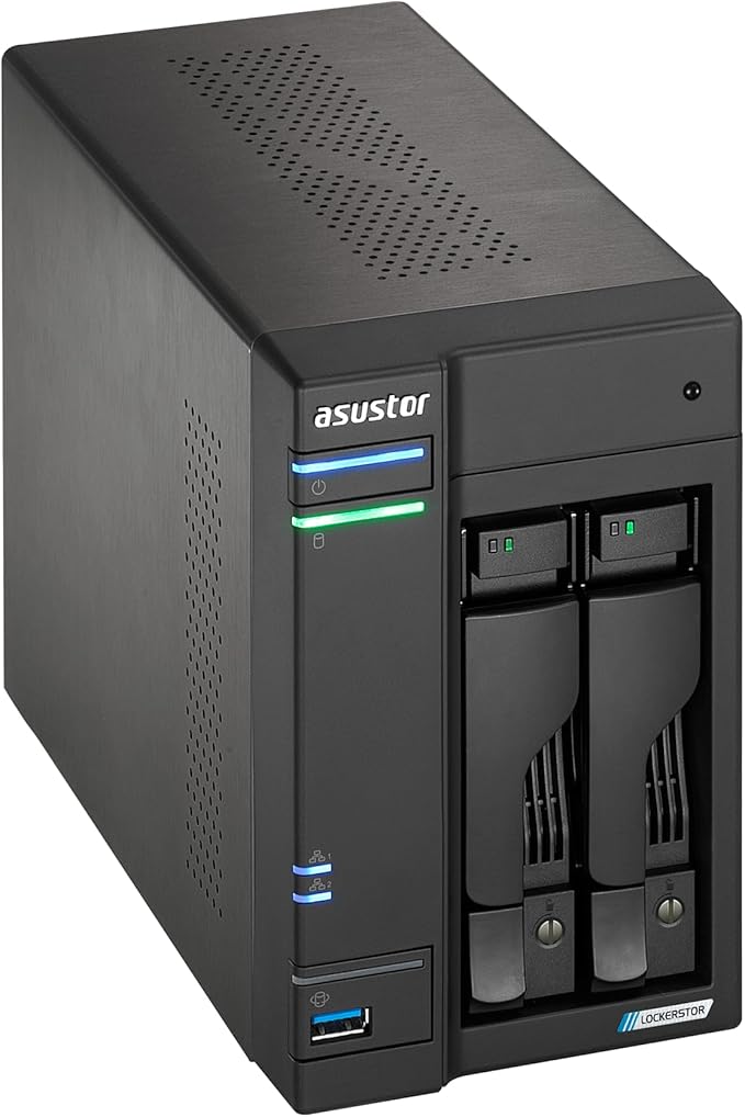Asustor Lockerstor 2 Gen2+ AS6702T v2 2 Bay NAS Storage, Intel Quad-Core 2.0GHz CPU, Dual 5GbE Ports, 4GB RAM DDR4, 4 M.2 SSD Slots, HDMI, Network Attached Storage (Diskless)