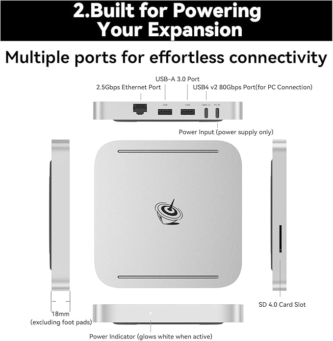 Beelink Mate SE-A Docking Stations for Beelink SER8/SER9 Pro Aluminum Alloy Body + Dual M.2 Slots (up to 2 * 8TB), with USB-C + 2* USB-A 3.0 + 2.5G LAN + SD4.0 + Type-C (PD3.0), Silver