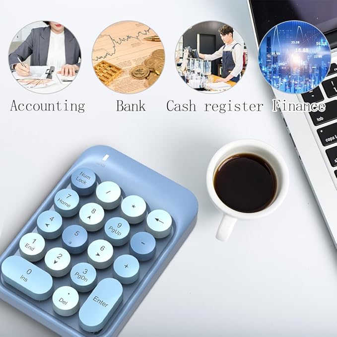 FELICON Wireless Numeric Keypad 18 Keys with 2.4G Mini Portable Silent Number Pad USB Receiver Financial Accounting Keyboard Extensions for Laptop Desktop PC Pro（Blue Mix）
