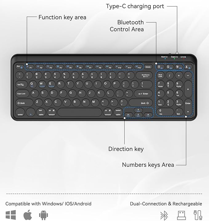 TECKNET Wireless Keyboard Bluetooth & 2.4G USB, Up to 4-Device Connection, USB C Rechargeable Battery, Quiet Typing, Compact Layout, 7° Ergonomic Tilt, Compatible with Windows/Android/iOS, Black