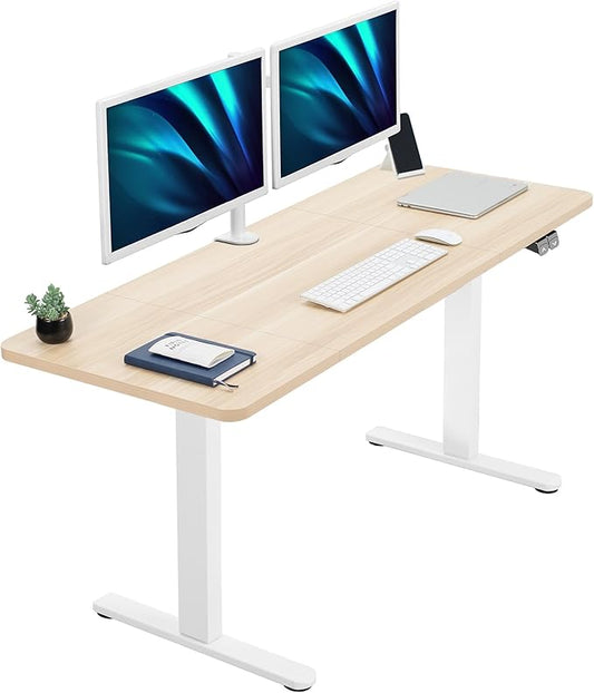 VIVO Electric 60 x 24 inch Stand Up Desk, Height Adjustable, Light Wood Top White Frame, Home and Office Furniture Sets, DESK-KIT-W06C
