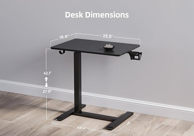 Claiks Height-Adjustable Overbed Table with Wheels, Portable Rolling Laptop Desk, Mobile Standing Desk for Home & Hospital Use, Black 25.5 inch
