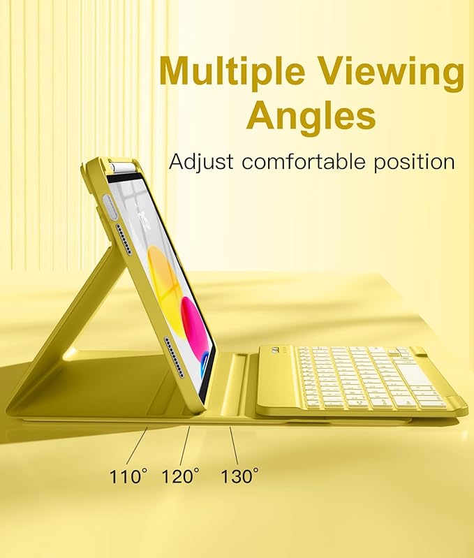 Hamile for iPad 11th 10th Generation Case with Keyboard - 7 Colors Backlit Wireless Detachable Folio Keyboard Cover with Pencil Holder for iPad 11-inch A16 2025 10th Gen 10.9 Inch 2022 (Yellow)