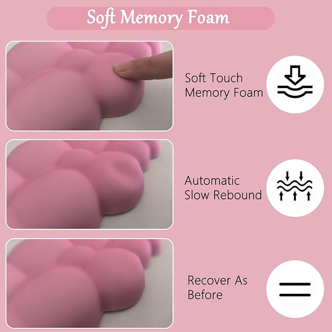 Pink Cloud Large Mouse Pad for Desk Cloud Keyboard Wrist Rest 4PCS Extended Cloud Desk Mat Pad Set Memory Foam Non-Slip Ergonomic Cute Gaming Mouse Pad Wrist Support for Computer Laptop Home Office