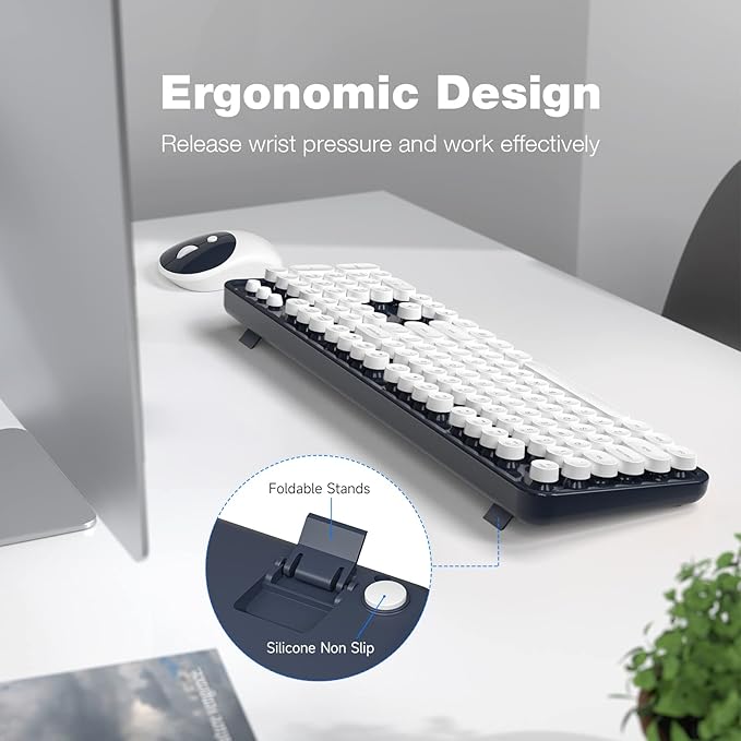 KNOWSQT Wireless Keyboard and Mouse Combo - White-DarkBlue Full-Sized 2.4 GHz 104 Keys Typewriter Keyboard, Flexible Round Keycap and Optical Mouse for Windows, Computer, PC, Laptop, Desktop, Mac