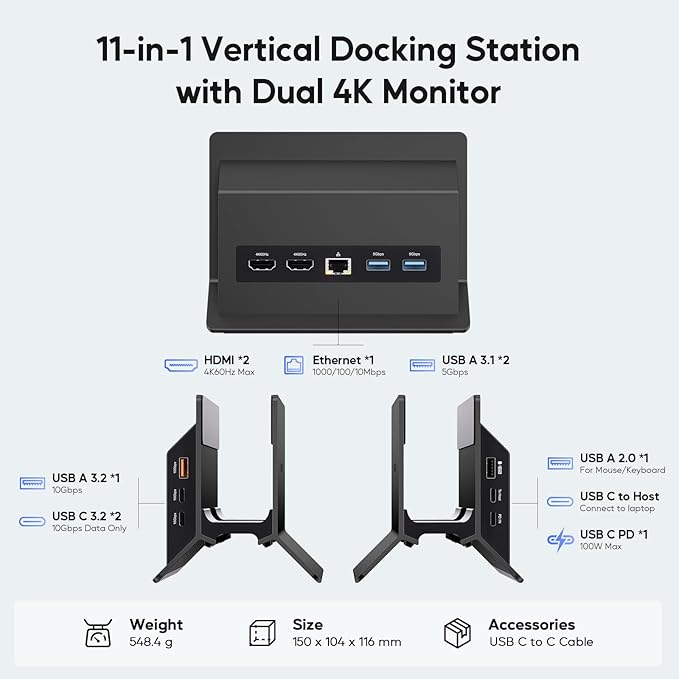 USB C Laptop Docking Station Dual Monitor, 11 in 1 Vertical Dock with 2 HDMI 4K, 3 USB A/C 10Gbps, 2USB-A 5Gbps, USB A 2.0, Ethernet, Docking Station Stand for Type-C Laptops - Black