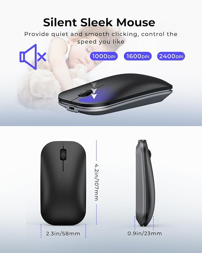 seenda Wireless Bluetooth Keyboard and Mouse Combo, SKM64-3 Rechargeable Slim Quiet Keyboard Mouse, 3 Multi-Device Connection, Compatible for Windows, Mac, MacBook, iPad, Tablet, Black Gray
