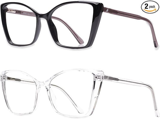 2 Pack Blue Light Blocking Glasses for Women, Oversized Trendy Cat Eye Computer Gaming Glasses Anti Glare & UV Glare RF6204 (Black + Clear Cateye Frame)