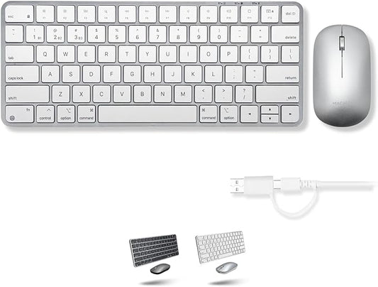 Macally Apple Wireless Keyboard and Mouse for Mac - Dual Mode (Bluetooth + Wired) - Multi-Device, Rechargeable - Mini Wireless Keyboard and Mouse Combo for MacBook, iPad, Mac mini/Air/Pro (Silver)
