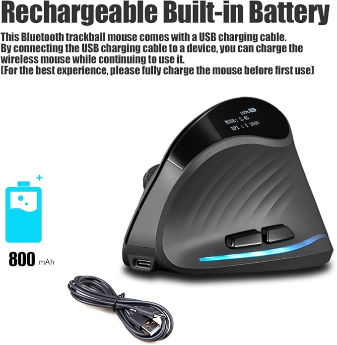 zelotes Wireless Mouse with Display,Portable Bluetooth,4000DPI,2-in-1(BT 5.0/3.0+2.4Ghz),Rechargeable,3 Device Connection,6 Buttons Vertical Ergonomic Mouse for PC,Laptop,Tablets