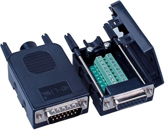 DB15 Solderless Serial to 15-pin Port Terminal Adapter Connector Breakout Board with Case Long Bolts Nuts (Male+Female)