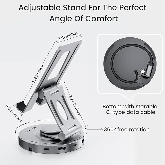 USB C Hub for Ipad Pro Docking Station, FOLODA 8-in-1 Rotatable Folding Type-C Tablet Stand with 4k HDMI, USB C 3.0 Data Port, 2*USB A 3.0, 100W PD Charging, 3.5mm Aux for Ipad Pro/Phone 15/Galaxy Tab