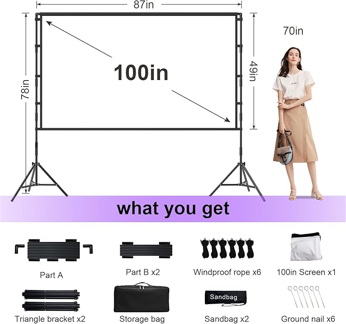 100 inch Projector sreen and Stand, Outdoor Indoor Projector Screen16:9 Foldable Portable Projector Screens for Movie Night Support Double Sided Projection