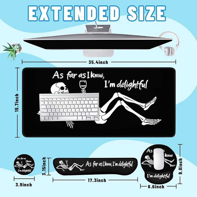 Skeleton Humor Mouse Pad Set Funny Wine Drinking Gothic Quote Art Gaming Mousepad 4in1 Desk Mat for Desktop Anti-Slip XXL Big Computer Ergonomic Mousepad with Wrist Support for Keyboard and Mouse