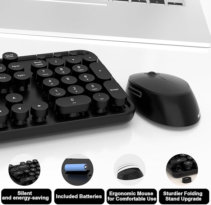 Wireless Keyboard and Mouse Combo, MOFII 104 Keys Full-Size Retro Round Keys Typewriter Keyboards Ergonomic Keyboards and Mouse Wireless for Windows, PC, Laptop, Desktop Black
