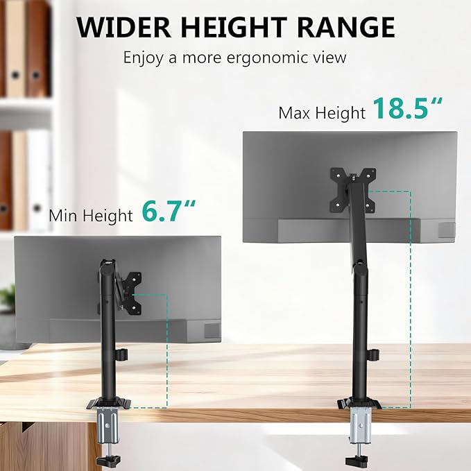 WALI Single Monitor Arm Mount for 13-27 inch Screens, Gas Spring Stand with Full Motion Tilt Swivel Rotation, Holds 19.8 lbs, VESA 75/100, C-Clamp & Grommet Mount (GSDM001S)