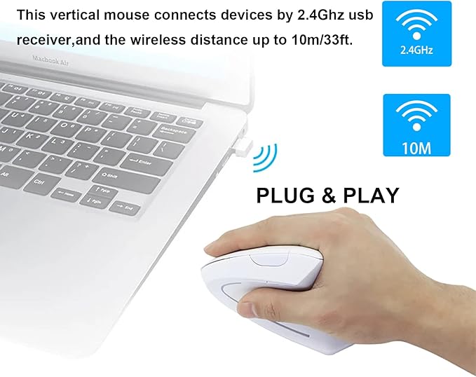 Vertical Mouse, 2.4G Wireless Ergonomic Optical Mouse 800/1200 /1600 DPI 6 Buttons Right Handed Gaming Mice for Laptop, Desktop, PC, MacBook (White)