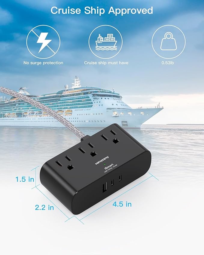 10 Ft Ultra Thin Flat Extension Cord, HANYCONY Black Flat Plug Power Strip with 3 Outlets 3 USB Ports(2 USB C), Desk Wall Outlet Extender, Non Surge Protector for Cruise, Dorm Room Essentials