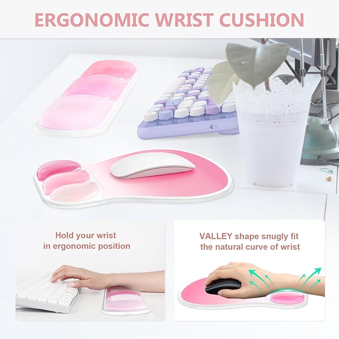 AKIT Ergonomic Mouse Pad with Wrist Rest& Keyboard Wrist Rest, Wrist Rest for Computer Keyboard, Pain Relief, Non-Slip Gel Base, Mousepad Wrist Support for Gaming, Office, Rose Pink Gradient