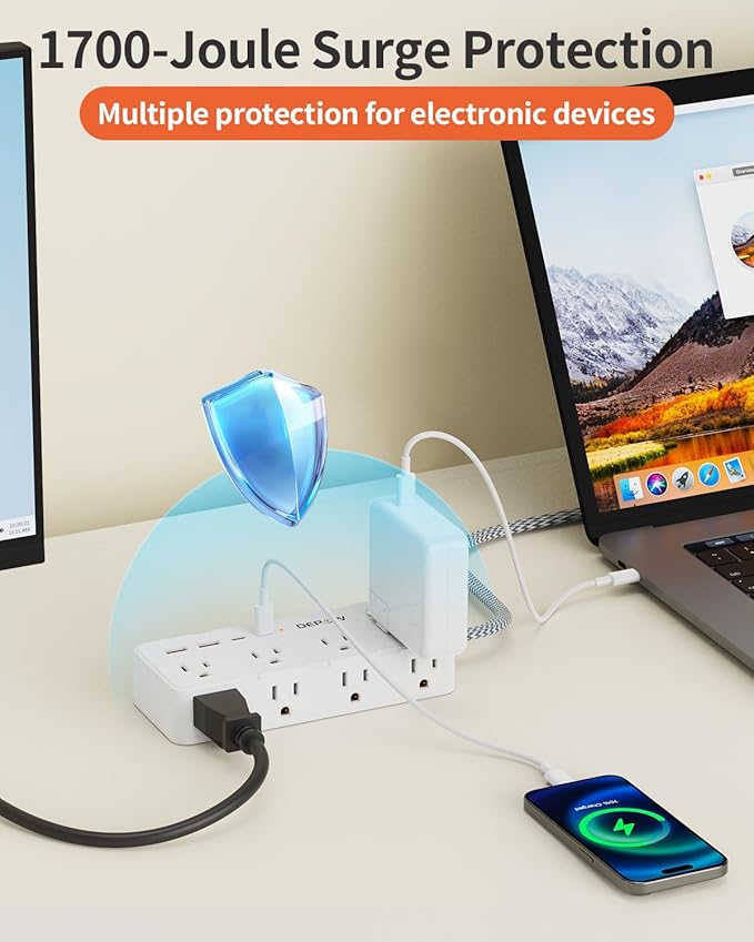 Power Strip Surge Protector, 5FT Braided Extension Cord with Multiple Outlets-8 AC Outlets 4 USB Ports (2 USB C), Flag Plug Charging Station, 1700 Joule Surge Protection for Home Office, White