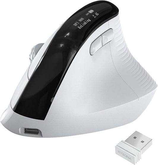 Wireless Ergonomic Mouse with Screen，Bluetooth Vertical Mouse Rechargeable, Quiet Clicks, USB Ergo Design Cordless Mice Compatible for Windows, PC, Laptop, Mac OS, White