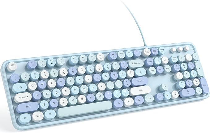 KNOWSQT Wired Computer Keyboard - Blue Colorful Retro Full Size Round Keycaps Plug and Play Typewriter Cute Keyboards for Windows, Laptop, PC, Desktop, Computer