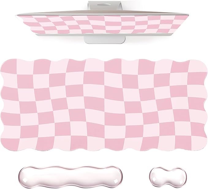 L-SPOUTTO Pink Checkered Mouse Pad Set,Scalloped XXL Desk Mat + Ergonomic Mouse Wrist Rest + Gel Keyboard Wrist Rest for Keyboard 65%/75%,3in1 Large Desk Pad for Desktop Home Office Computer Game